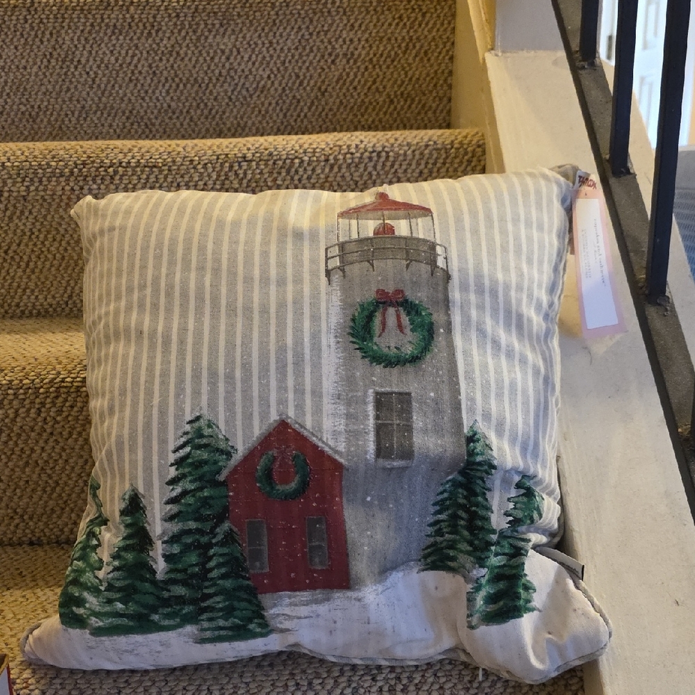 Holiday Lighthouse Pillow with Green and Red Accents